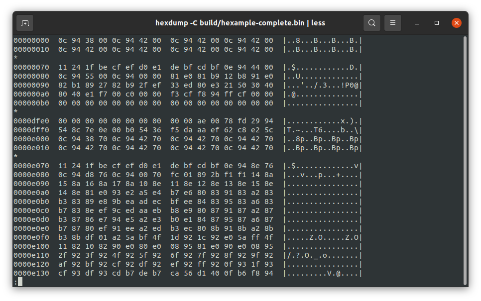 Dump  del .bin ottenuto dalla compilazione dell'esempio contenente i dati inseriti tramite lo script harlock.